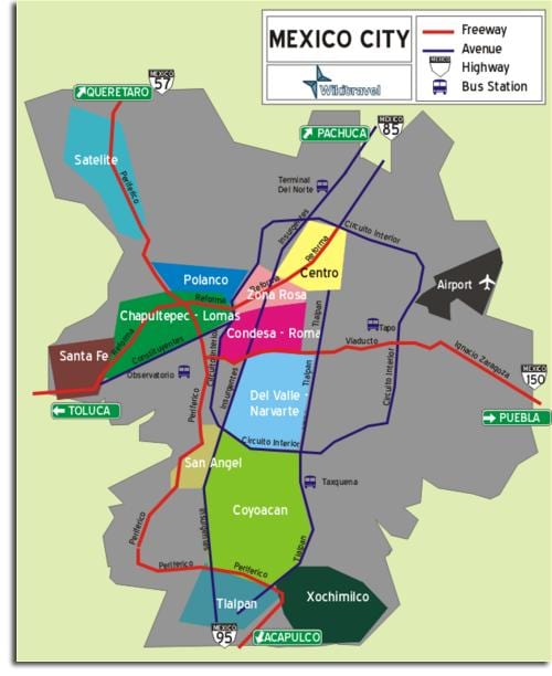 Mexico City térkép városrészek